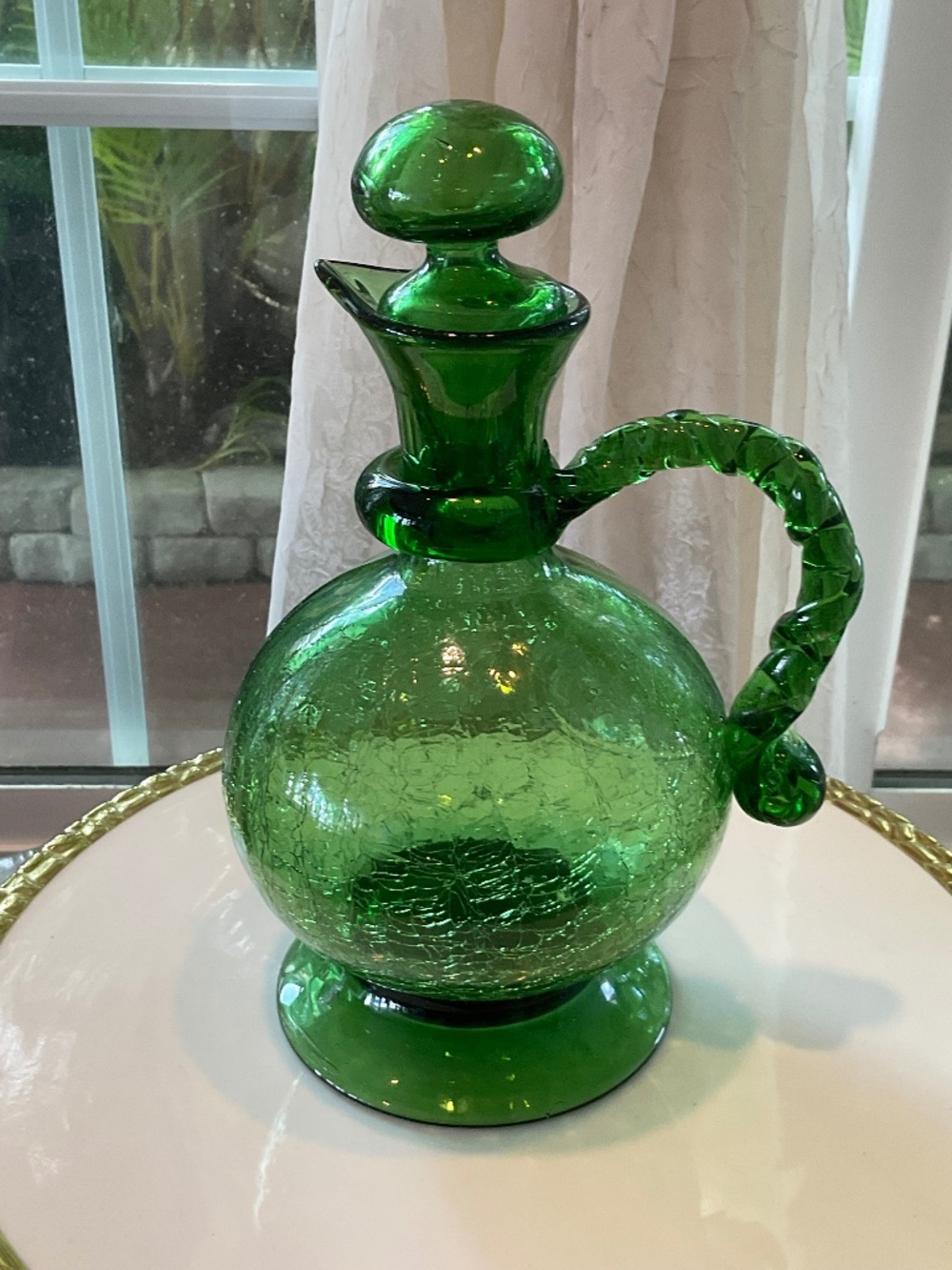 VTG Green Crackled Glass Pitcher Decanter